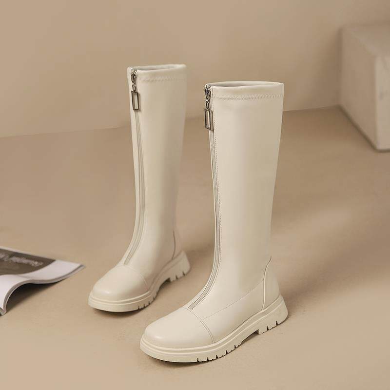 白色平底长靴女秋冬2024年冬季新款加绒加厚显瘦靴子长筒靴骑士靴