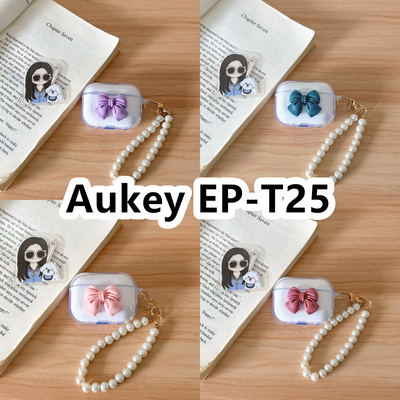 适用于Aukey EP-T25耳机套透明DIY手作蝴蝶结珍珠手串保护套防摔可爱