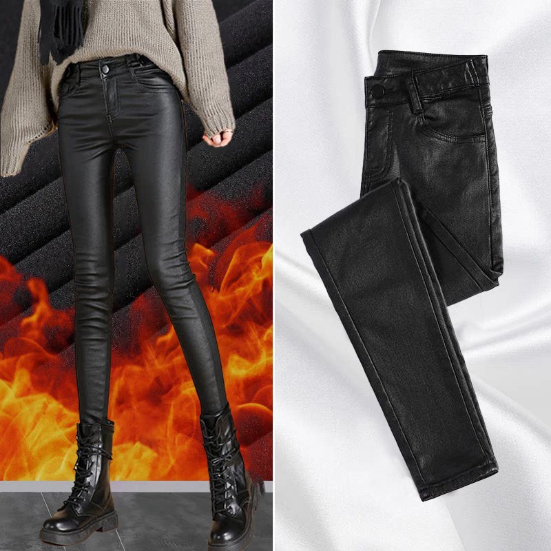 亚光皮裤女高腰2025年秋冬新款加绒加厚紧身显瘦小脚裤外穿打底裤