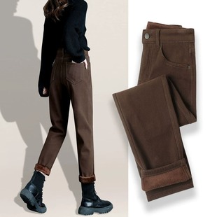 加绒加厚显瘦小个子老爹裤 新款 女2025秋冬季 宽松咖啡色高腰牛仔裤