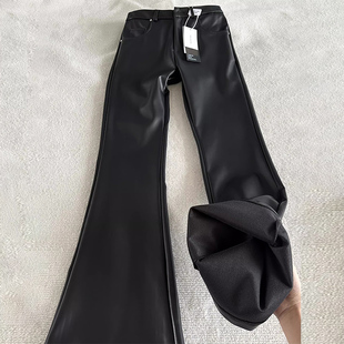 复古高腰显瘦休闲马蹄裤 黑色加长保暖微喇叭PU皮裤 女2026春秋新款