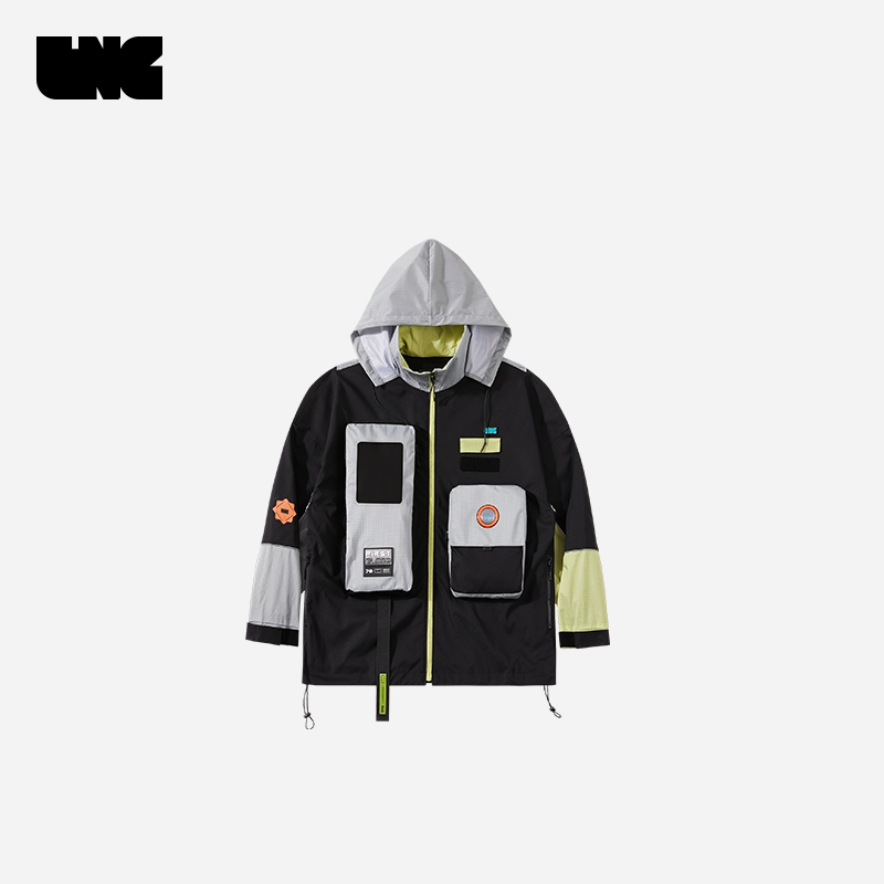 LNG 未来玩家 情侣款 不规则撞色拼接连帽梭织风衣宽松运动上衣