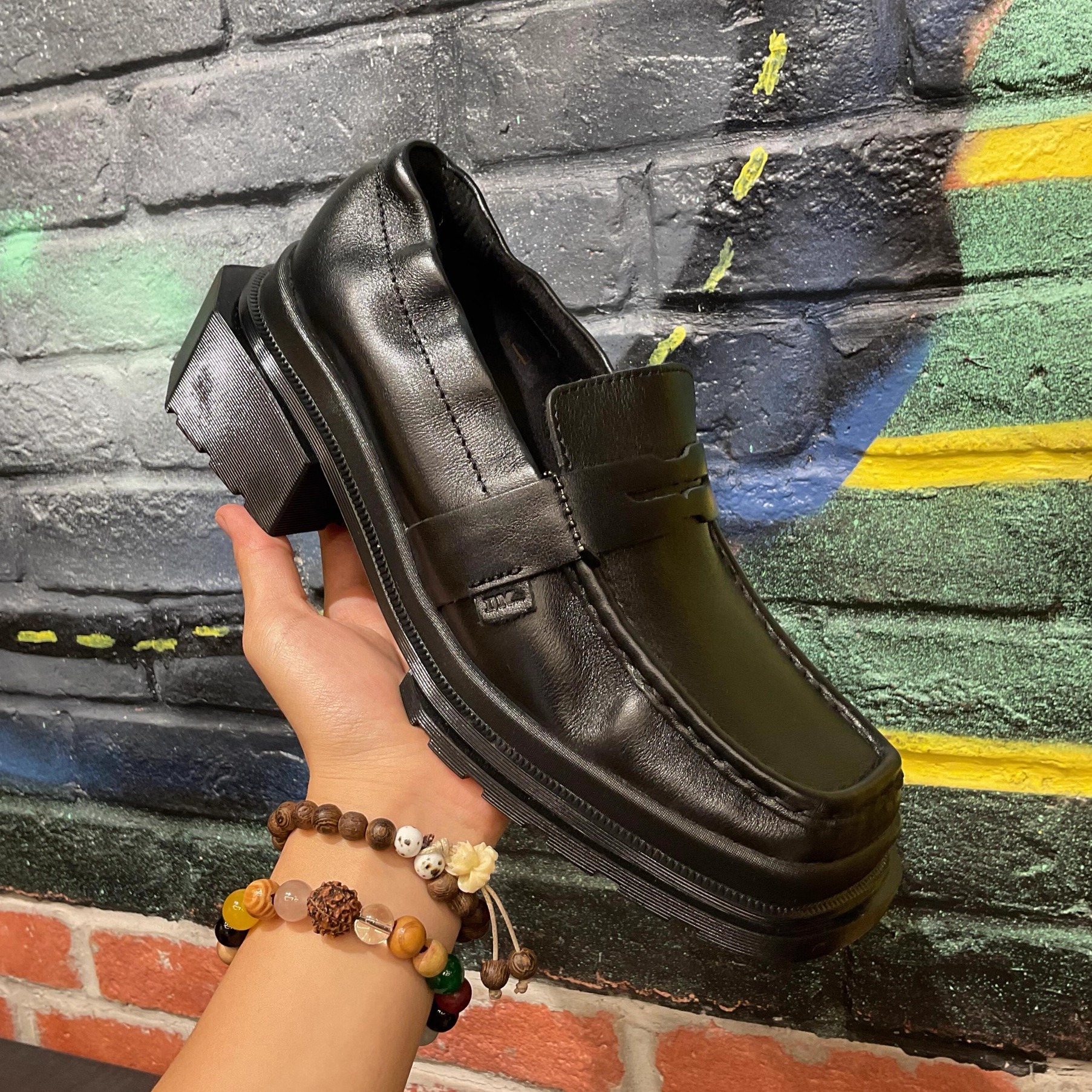 复古英伦小皮鞋女褶皱方头乐福鞋