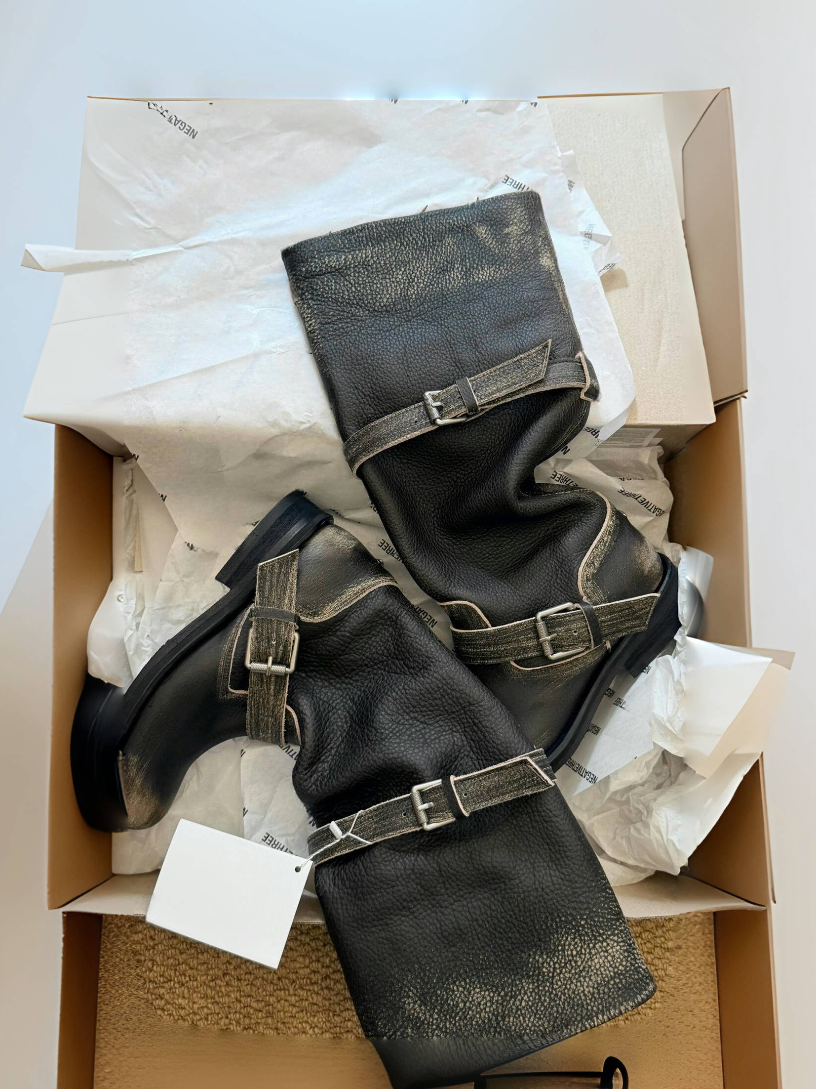 韩版nt3暗黑复古皮带扣骑士靴女做旧西部牛仔靴机车靴工装中筒靴