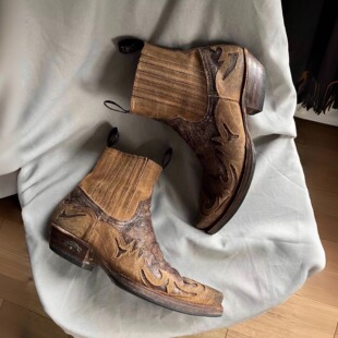 美式复古西部牛仔靴尖头马丁靴雕花短靴麂皮骑士靴阿美咔叽机车靴