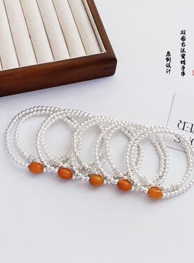 新款 足银999 双圈古法蜜蜡枣珠手串原创设计送闺蜜送妈妈礼物