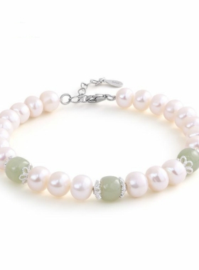 S925纯银简约和田玉珍珠手链复古知性气质高级感女士手饰节日礼物