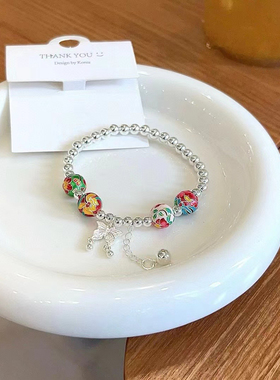 纯银925珐琅彩十二月花球蝴蝶手链女民族风平安手串闺蜜生日礼物