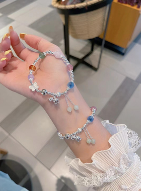 纯银925新款手串时尚多巴胺蝴蝶铃兰花纯银手链送女朋友七夕礼物