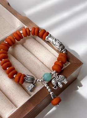 新款925纯银复古大象蜜蜡原创手链大象称心如意高颜值生日礼物