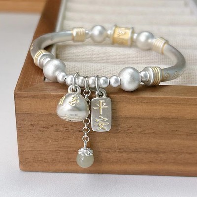 新款999足银大吉大利弯管手链六字真言秤砣平安喜乐手链本命年女