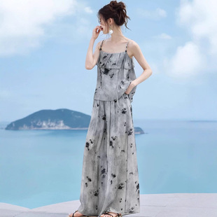 套装 新款 时尚 2025夏季 复古水墨画 休闲女无袖 背心两件套背心裙法式