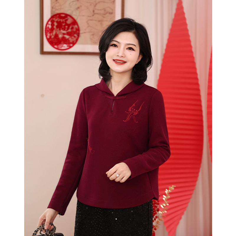 纯色绣花长袖连帽卫衣女秋冬上衣