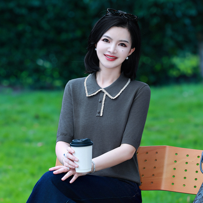 枫竺阿楠兰精天丝撞色polo领花边中袖针织衫女秋轻薄显瘦通勤上衣