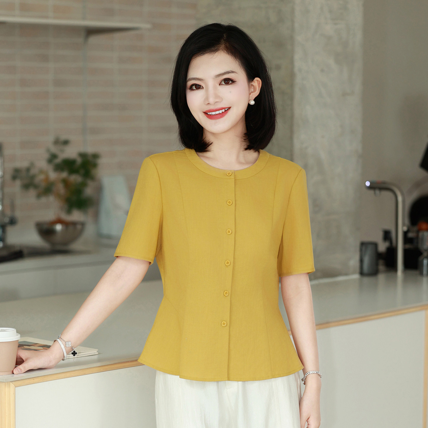 枫竺阿楠亚麻时尚休闲收腰显瘦短袖衬衫夏装2026流行新款女上衣