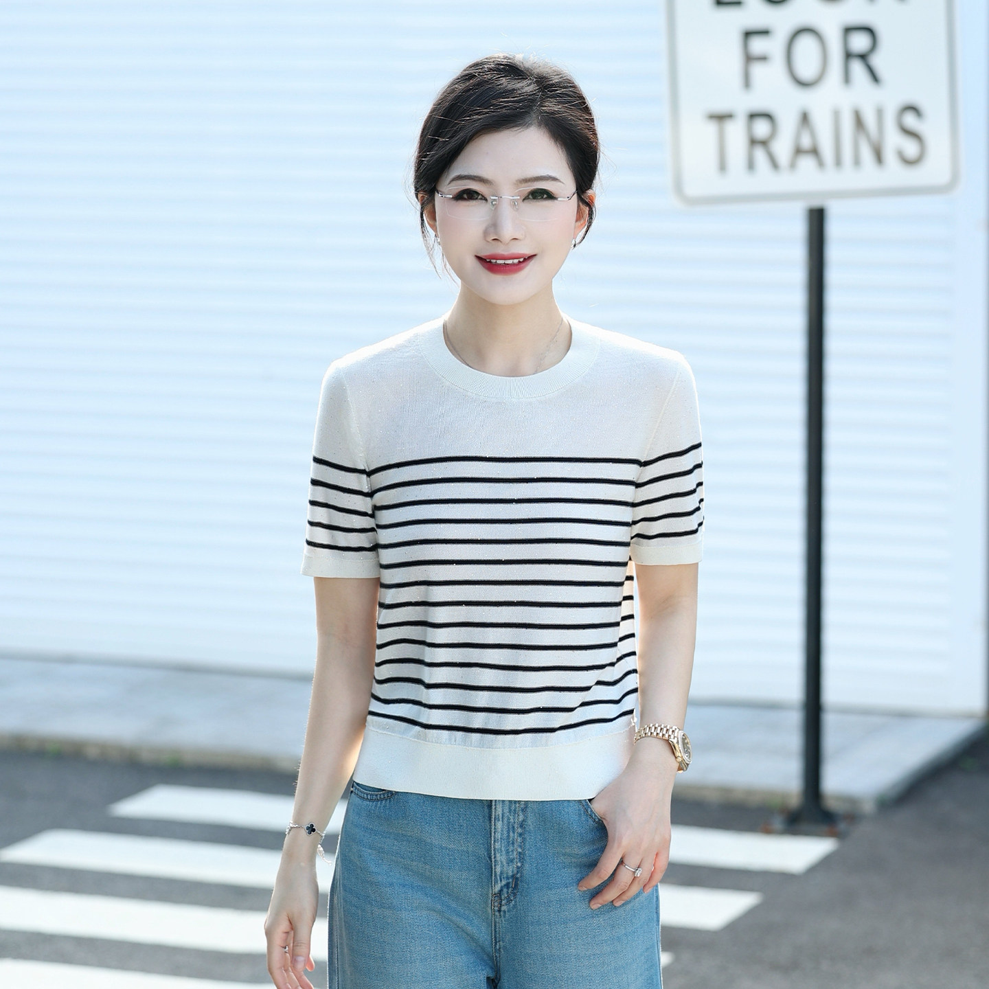 枫竺莱赛尔天丝黑白条纹短袖针织衫女2026夏季轻薄短款圆领上衣