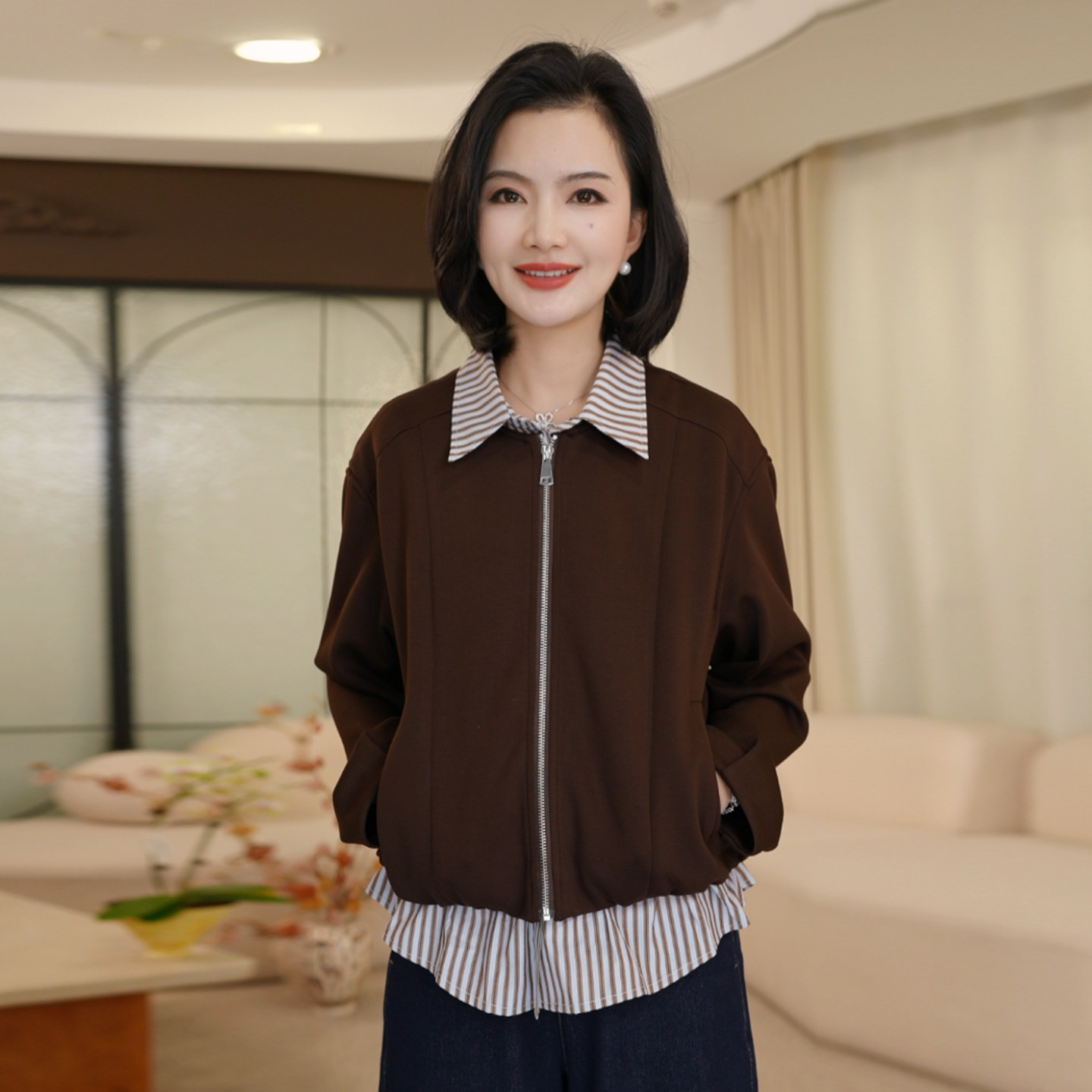 【假两件棒球服】枫竺阿楠条纹翻领拼接衬衫女秋季新款卫衣外套
