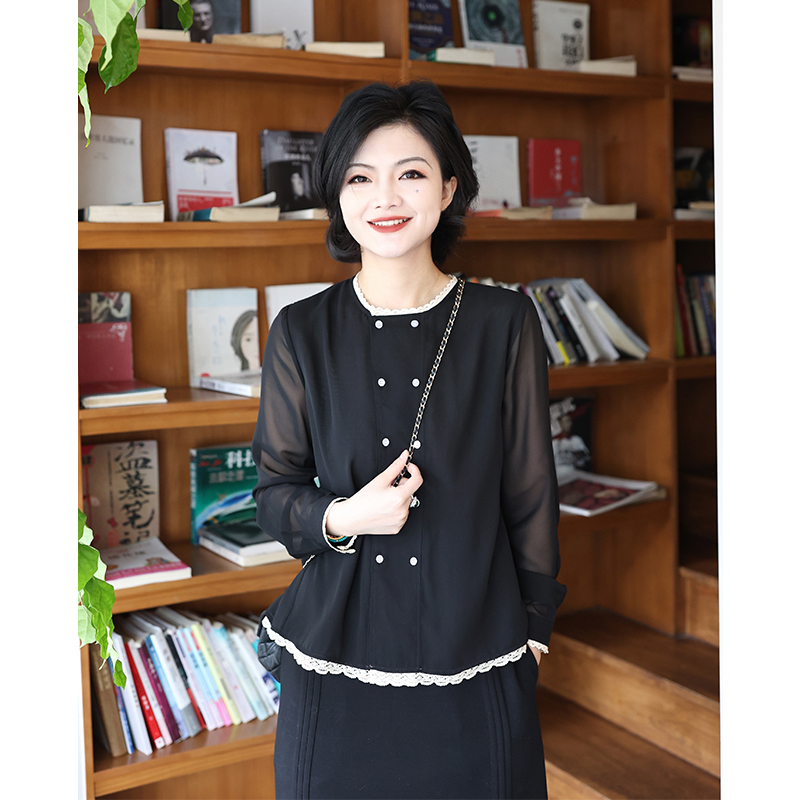 枫竺高端黑色蕾丝拼接圆领长袖衬衫2025春夏季新款女装雪纺衫上衣