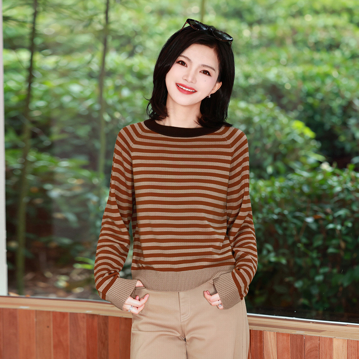 枫竺阿楠条纹羊毛衫插肩袖毛衣女
