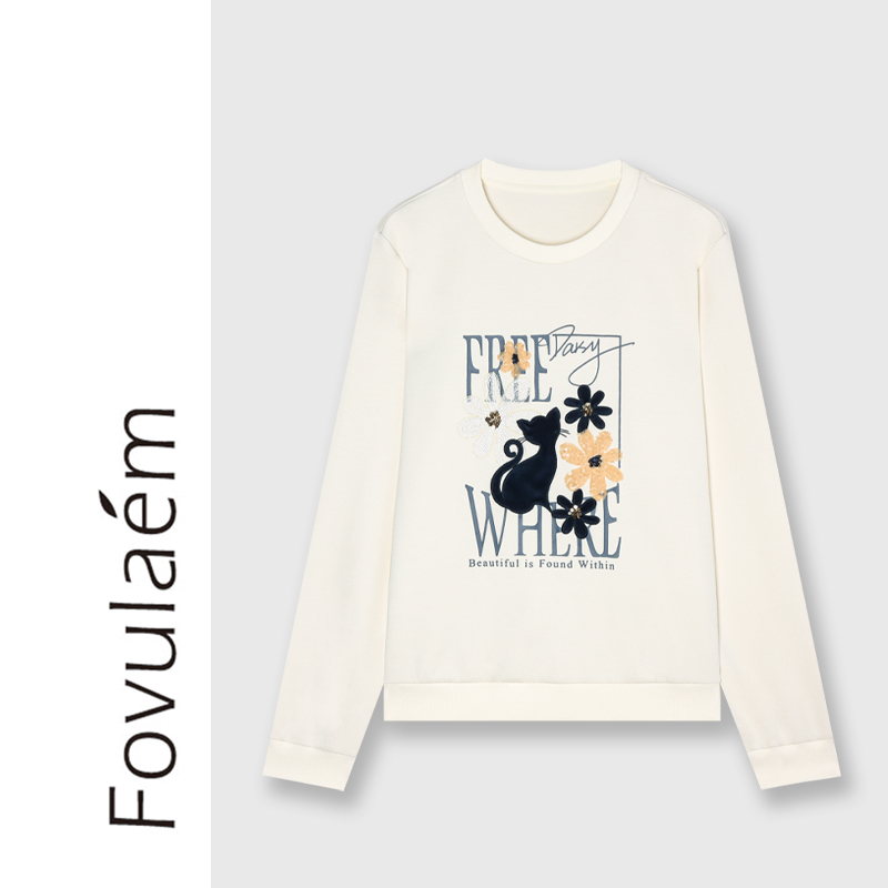 刺绣珠片长袖圆领百搭卫衣女春