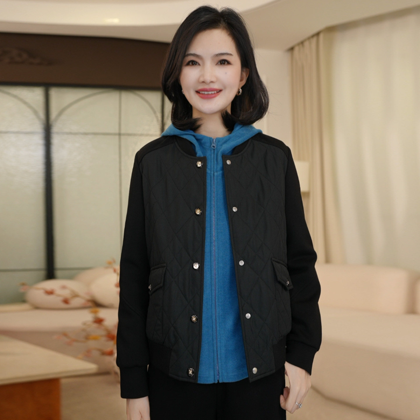枫竺阿楠圆领简约菱格绗缝夹棉棒球服秋冬保暖百搭休闲棉服外套