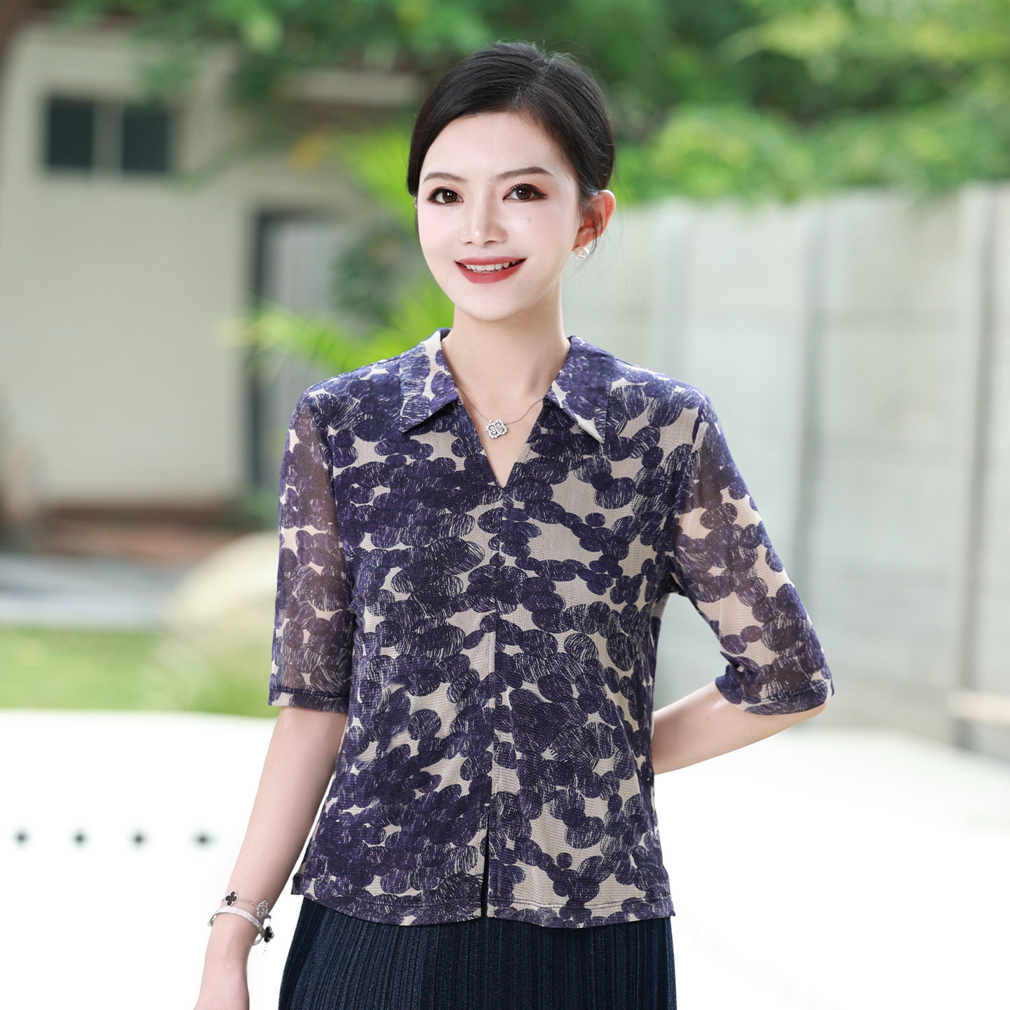 【针织桑蚕丝】枫竺阿楠翻v领印花弹力网纱衬衫女夏新款真丝上衣