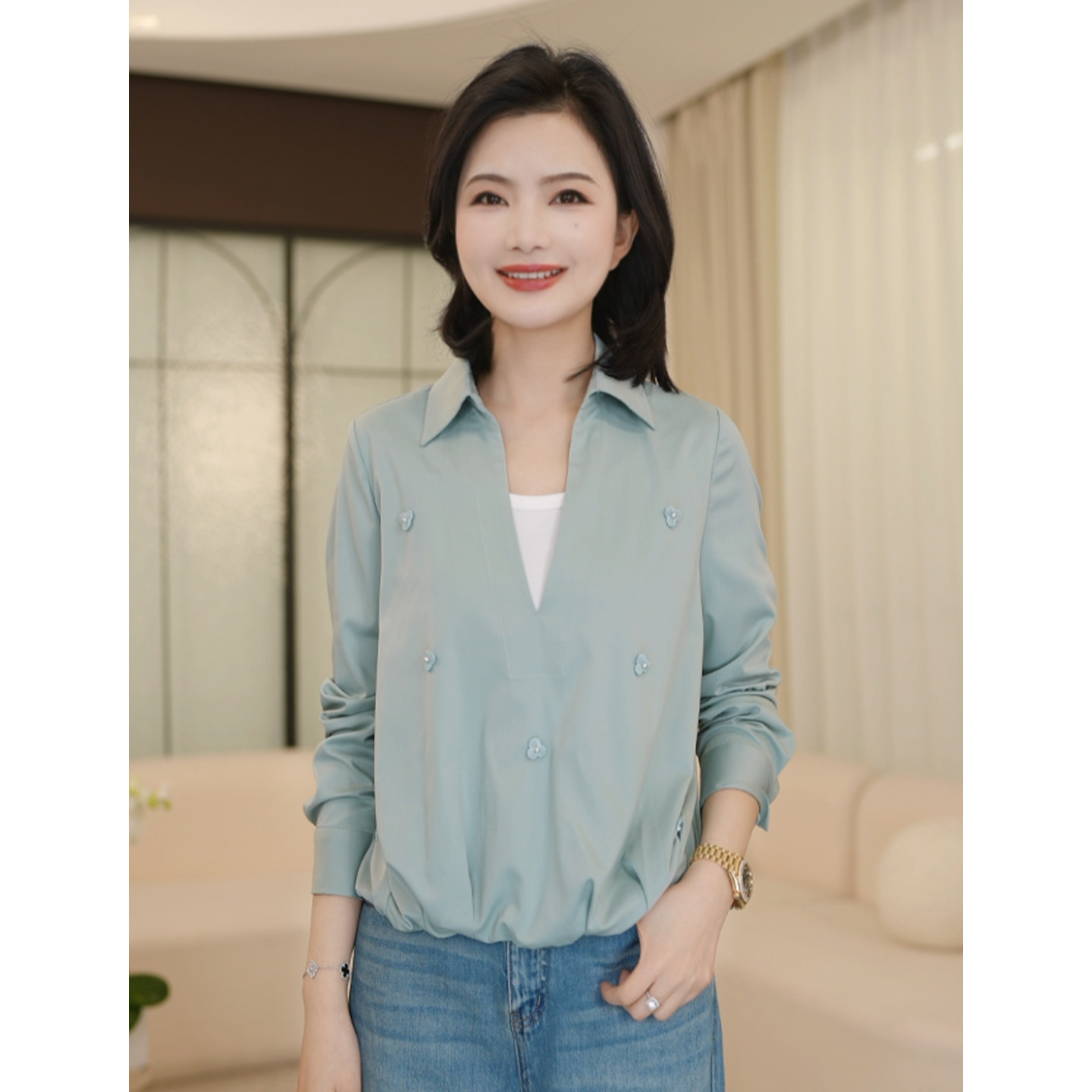 枫竺翻领V领钉珠立体花长袖假两件衬衫女2026春季知性风简约衬衣