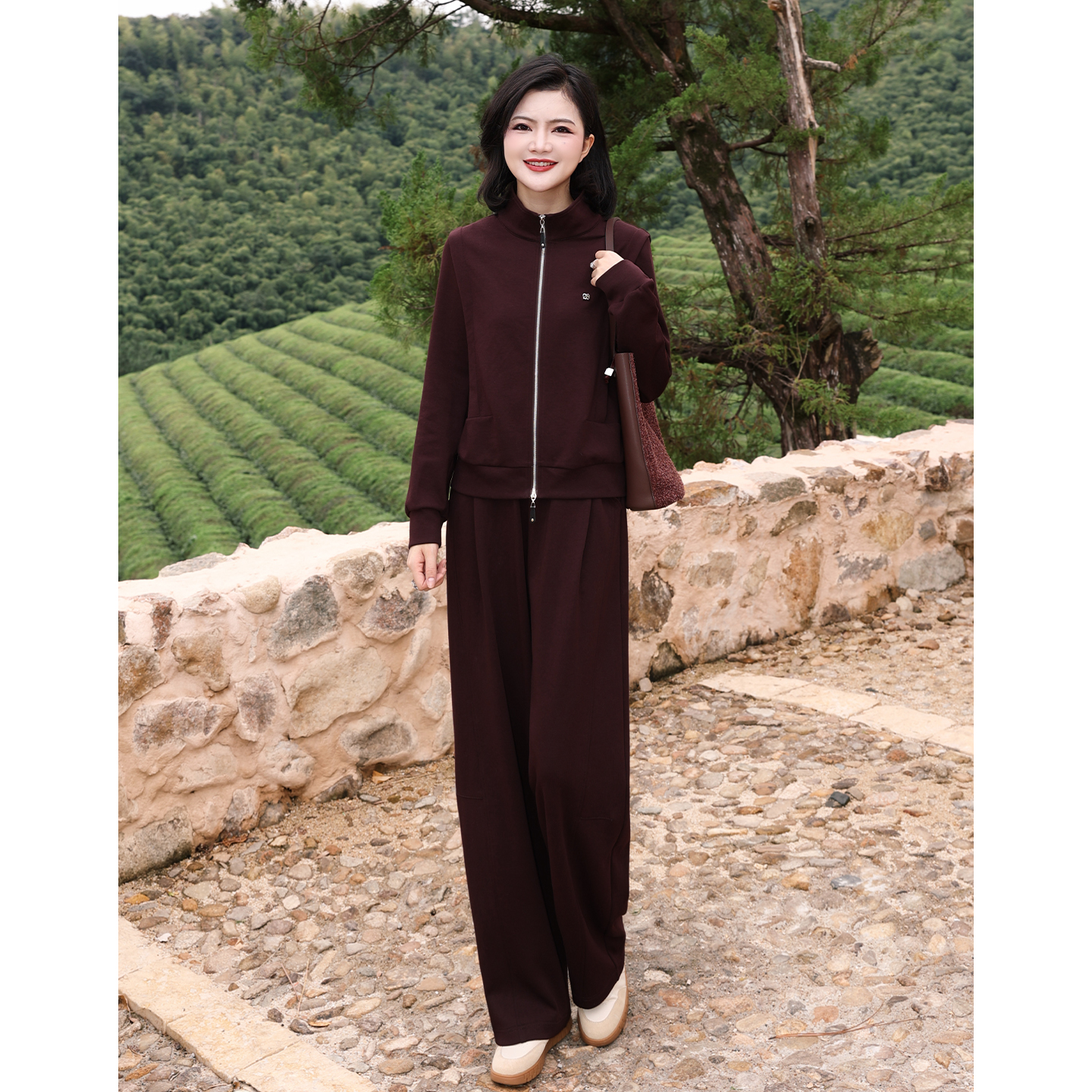 枫竺立领长袖外套阔腿裤两件套女