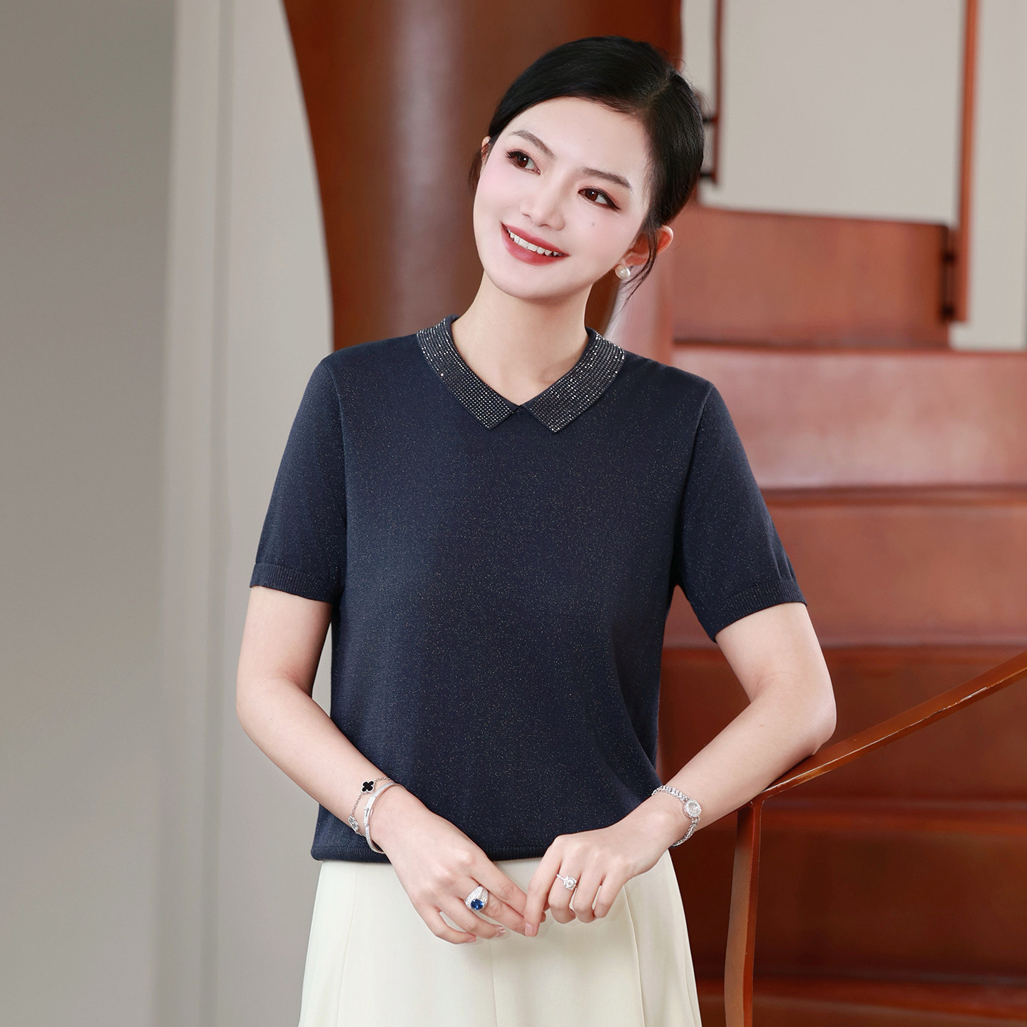 【现货】枫竺阿楠莱赛尔轻薄气质翻领烫钻透气针织衫2026女夏上衣