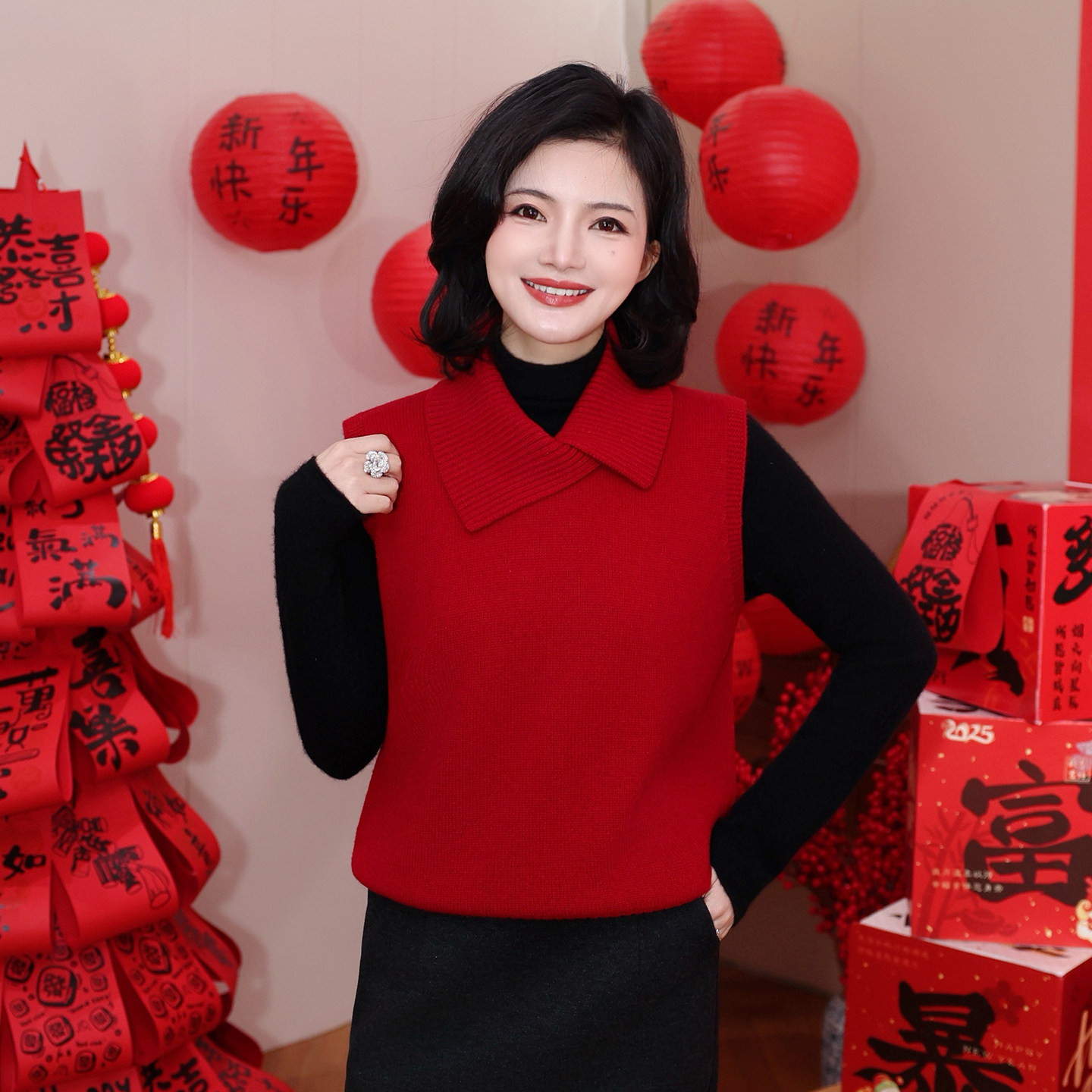 枫竺新年穿搭不规则翻领全羊毛针织马甲女冬季坎肩叠穿毛衣背心