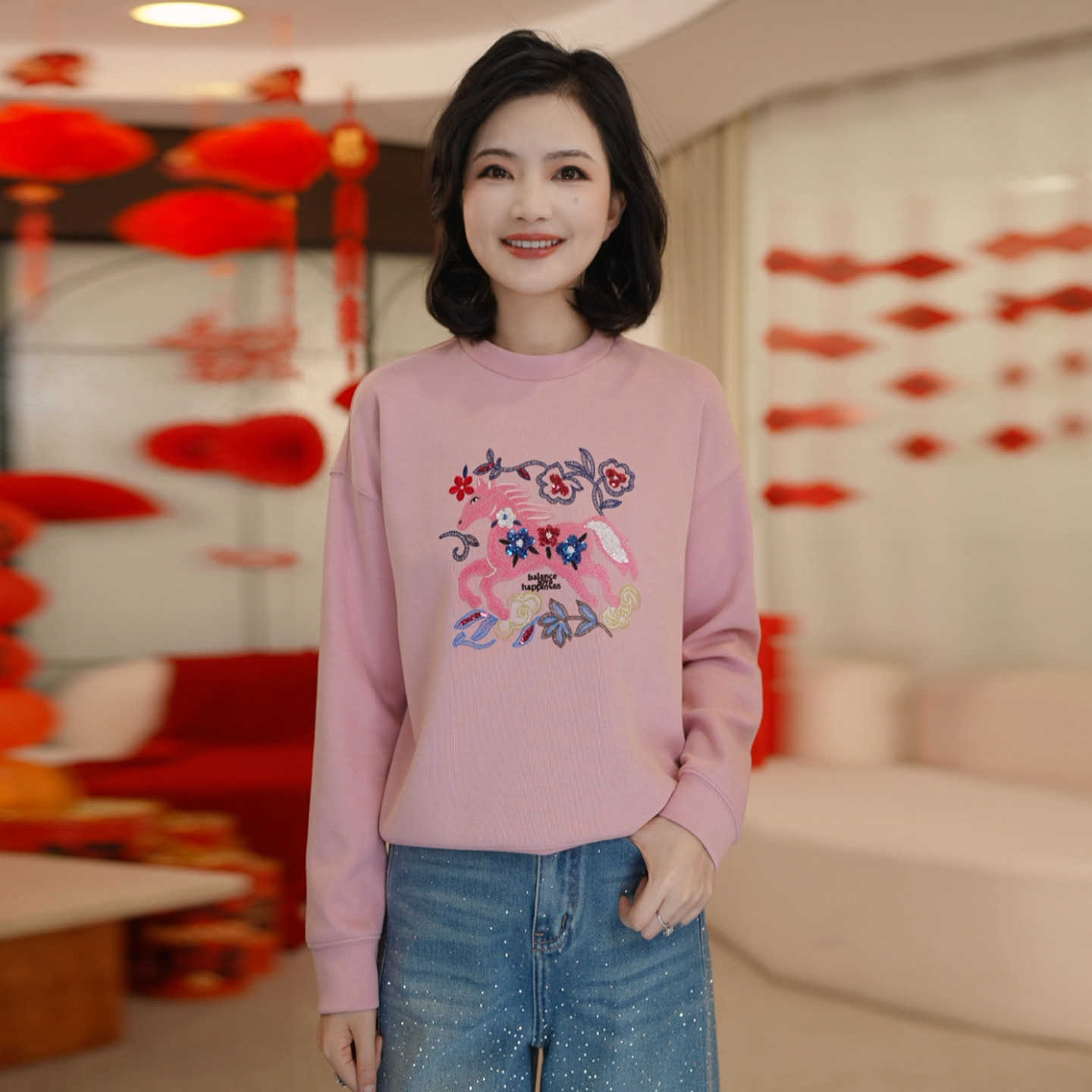 枫竺阿楠anan粉色圆领小马绣花套头空气层卫衣女2026春季叠穿上衣,女装/女士精品,卫衣/绒衫,淘宝优惠券,粉丝福利购,淘宝优惠卷