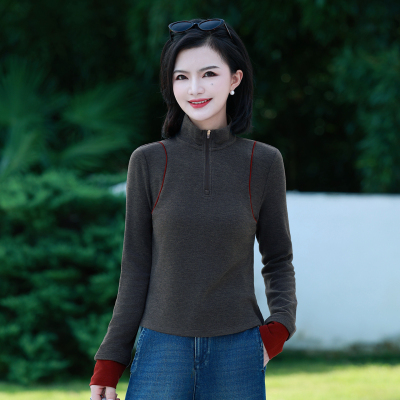 枫竺阿楠半拉链立领撞色结构磨毛绒弹力打底衫女秋季新款百搭上衣