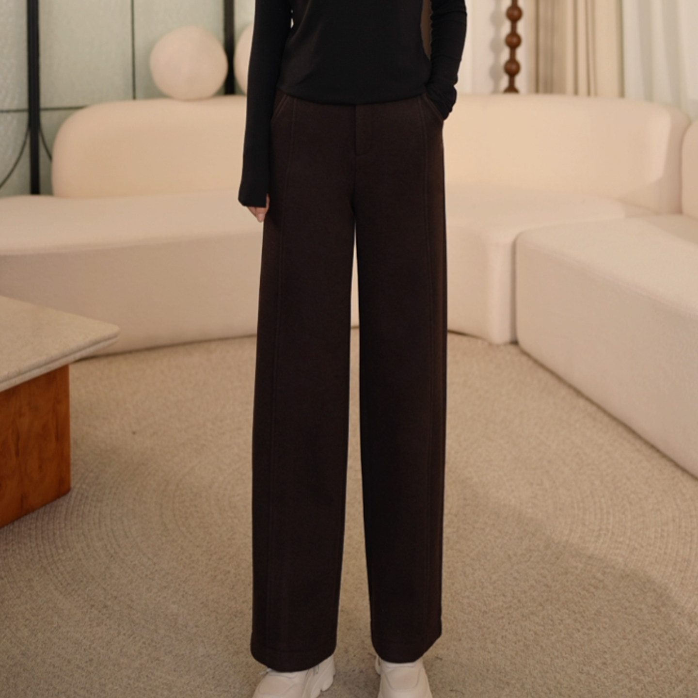 枫竺松紧腰百搭通勤厚款磨毛绒休闲面料裤女2025冬季新款简约西裤