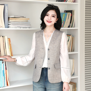 枫竺阿楠气质老钱风亚麻V领可调节收腰西装马甲女2026春夏小外套