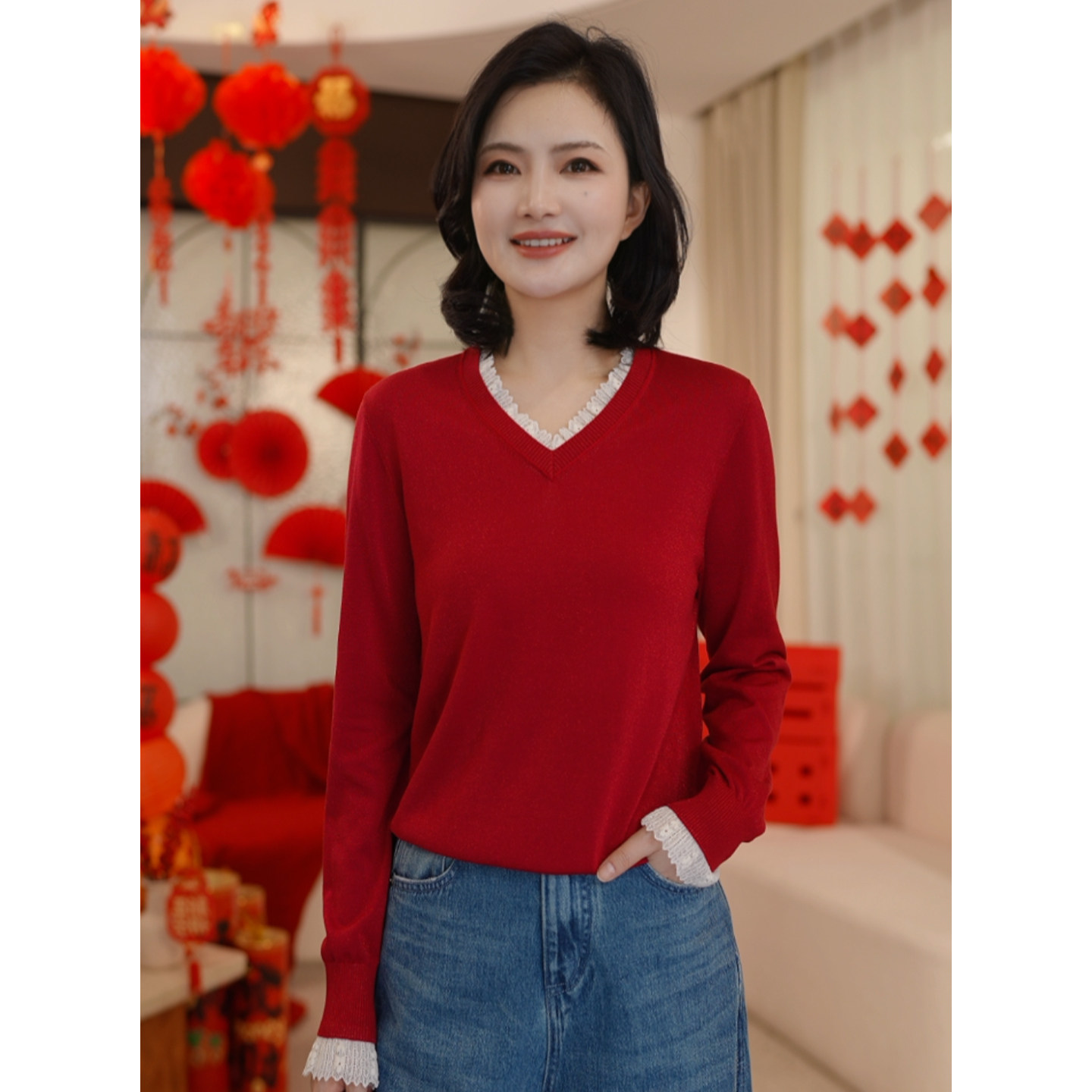 枫竺2026新款女装春季莱赛尔v领花边新年红色针织衫套头叠穿毛衣,女装/女士精品,毛针织衫,淘宝优惠券,粉丝福利购,淘宝优惠卷