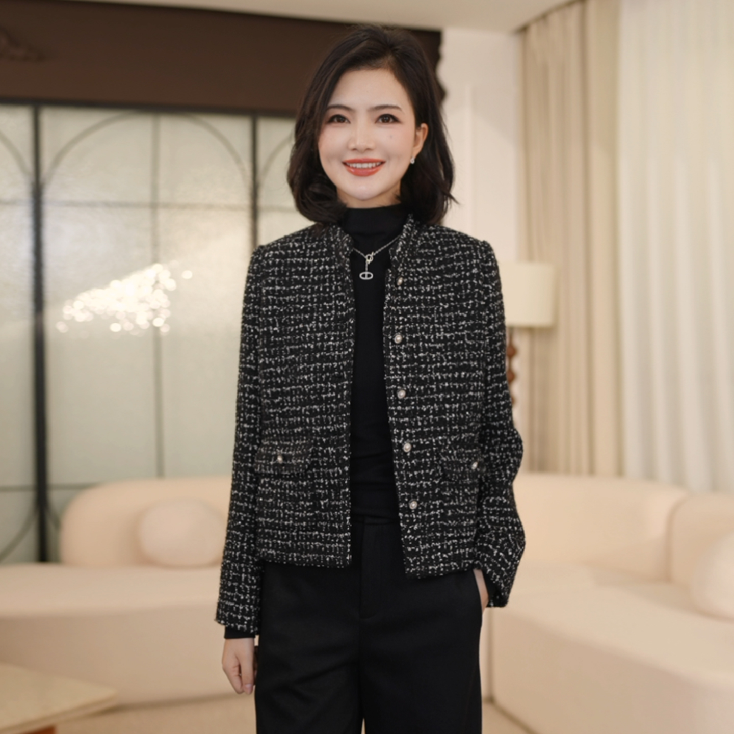 立领粗花编织长袖时尚外套女短款