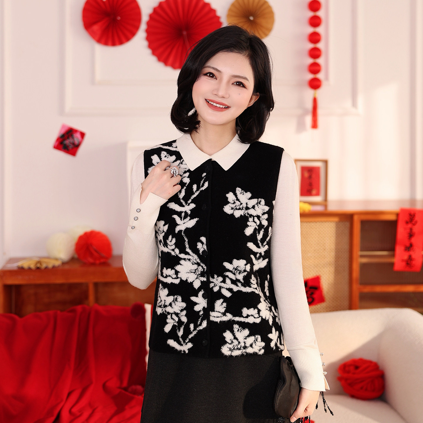 枫竺新中式毛巾绣提花马甲外套女2025秋冬叠穿全羊毛针织无袖背心
