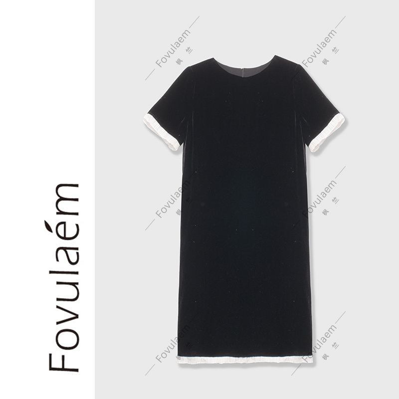 圆领真丝丝绒撞色连衣裙女