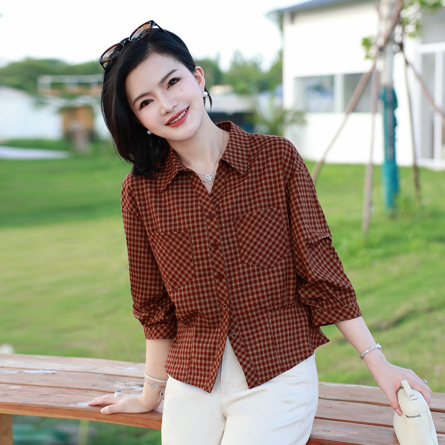枫竺阿楠复古红色格纹休闲衬衫女