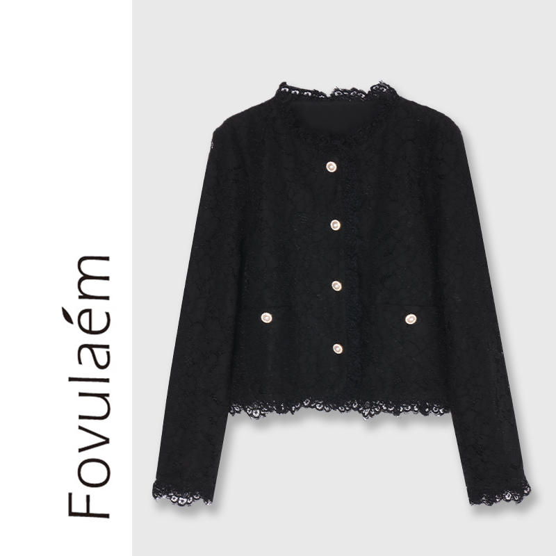 蕾丝边黑色小香风外套短款女