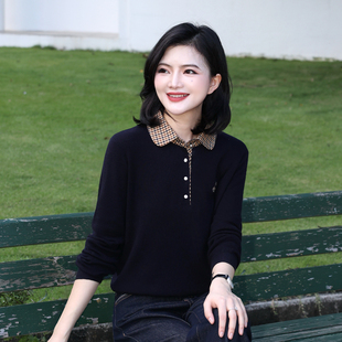 纹全羊毛套头针织衫 枫竺智性风格 女秋冬内搭毛衣 假两件Polo领