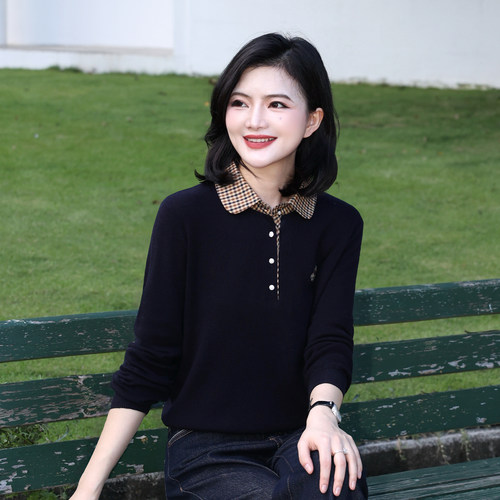 格纹全羊毛套头针织衫女