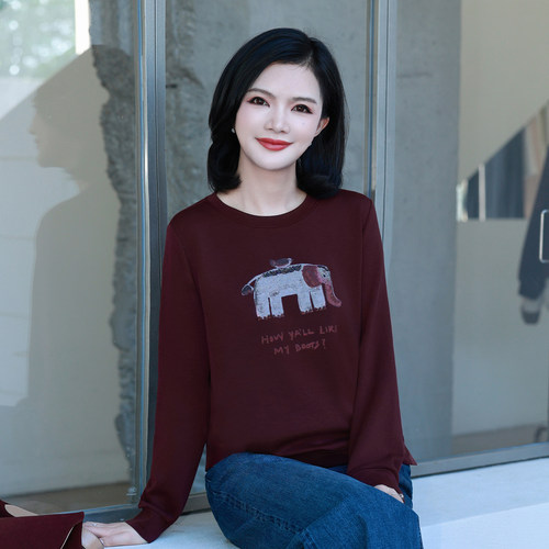 枫竺趣味印花小象圆领套头卫衣女