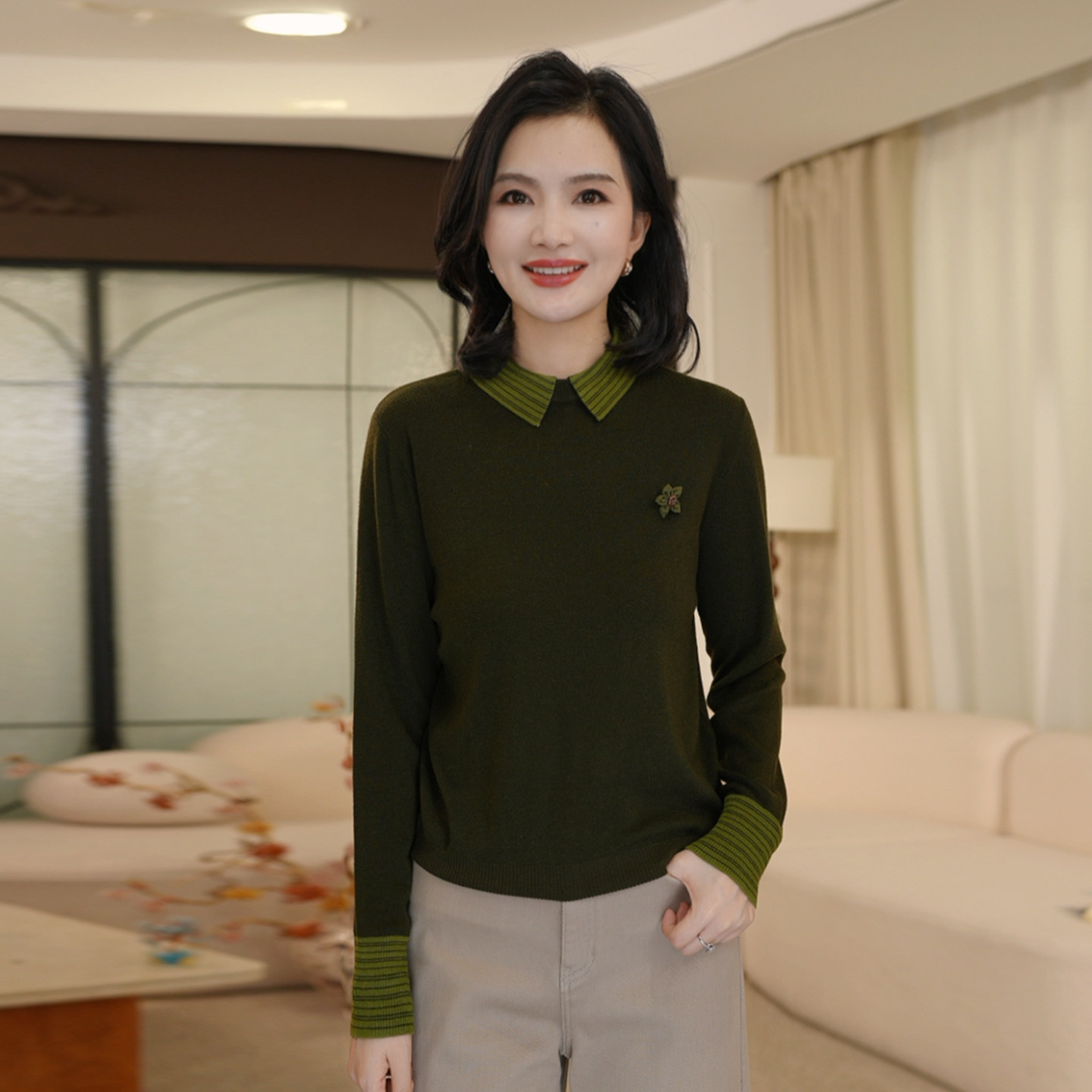 枫竺阿楠翻领撞色假两件羊毛针织