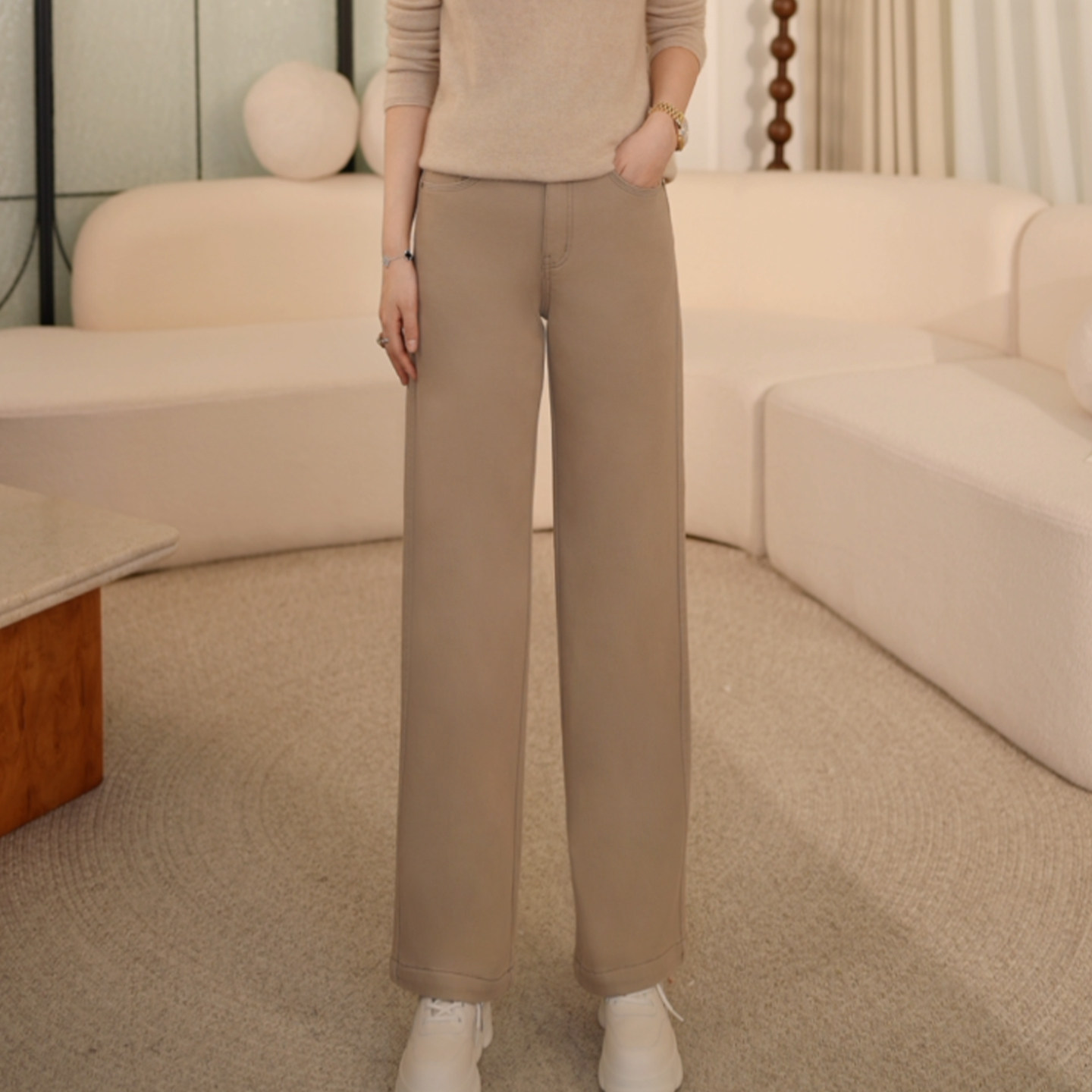 枫竺中高腰窄版遮胯显瘦加绒直筒牛仔裤女2025冬季百搭简约长裤