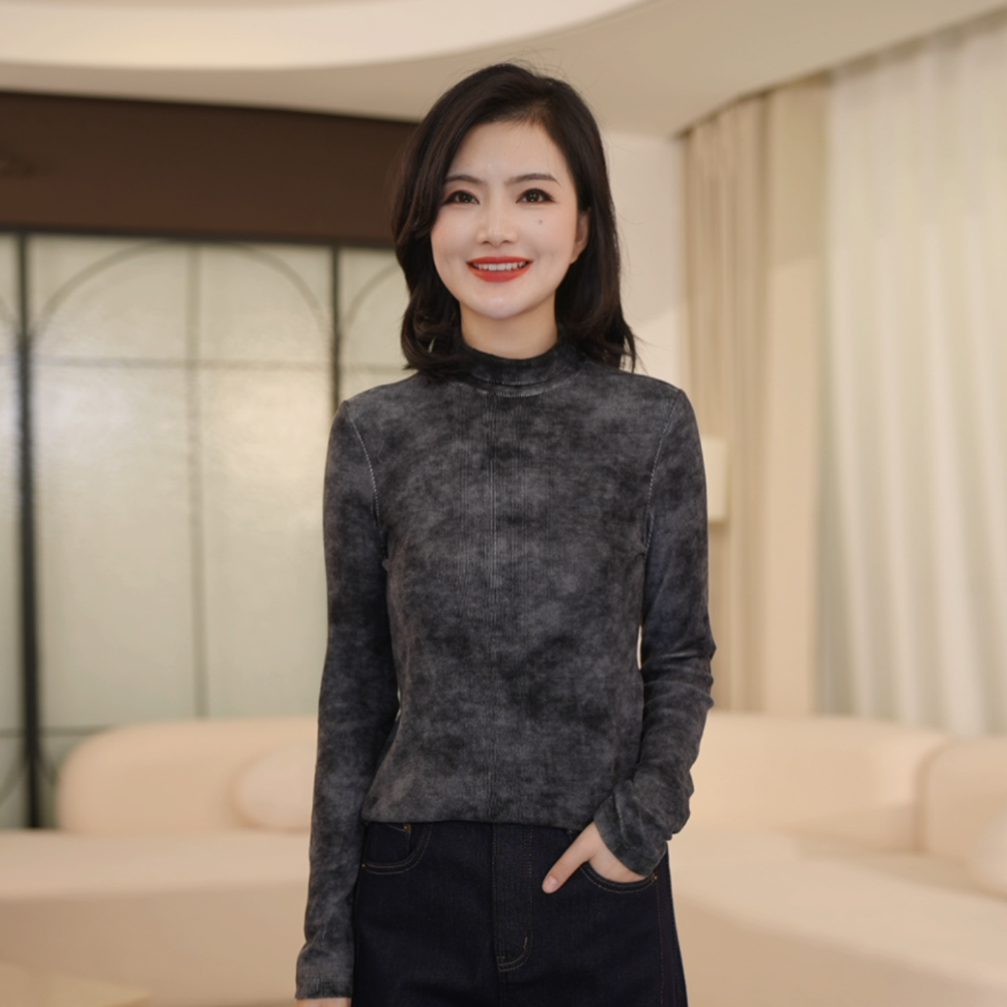 晕染立领长袖打底显瘦百搭上衣女