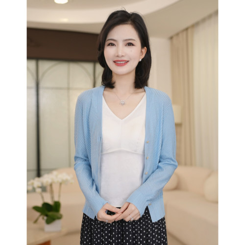 优雅气质长袖天丝细闪针织开衫女
