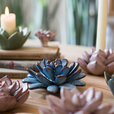 掬涵陶瓷花多肉植物瓷莲花烛台摆件桌面装饰镇纸艺术礼物浅蓝宝石