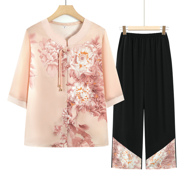 中老年女妈妈夏装衣服两件套