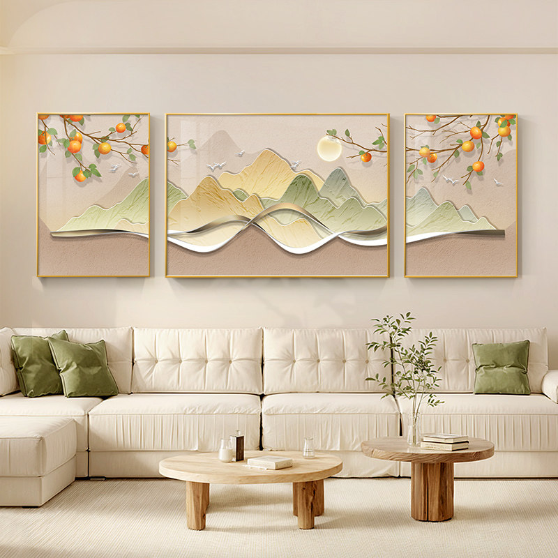 速发柿柿如意客厅装饰三沙发背墙墙山水挂画简约大气画联壁画高档